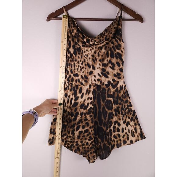 Nasty Gal Leopard Satin Cowl Neck Romper – Back Tie, Silky Animal Print, Size 4 - Picture 4 of 13